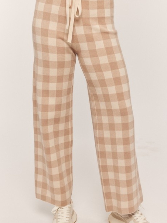 tea n rose Pants - Beige Plaid Wide-Leg Knit Pants - Women